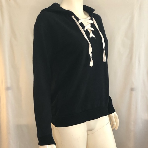 Woman’s black pull over hoodie with white laced front - Picture 3 of 13